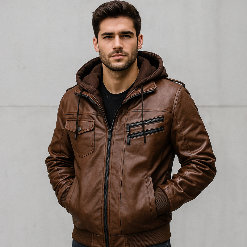 Jaqueta de Couro Masculina Hooded